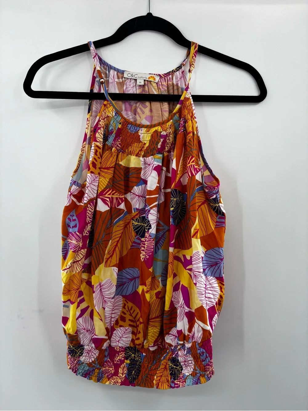 C&C California Orange Multi Leaf-Print Halter Tank Top size M